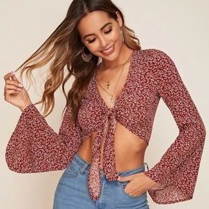 SHEIN Ditsy Floral Bell Sleeve Self-Tie Crop Top